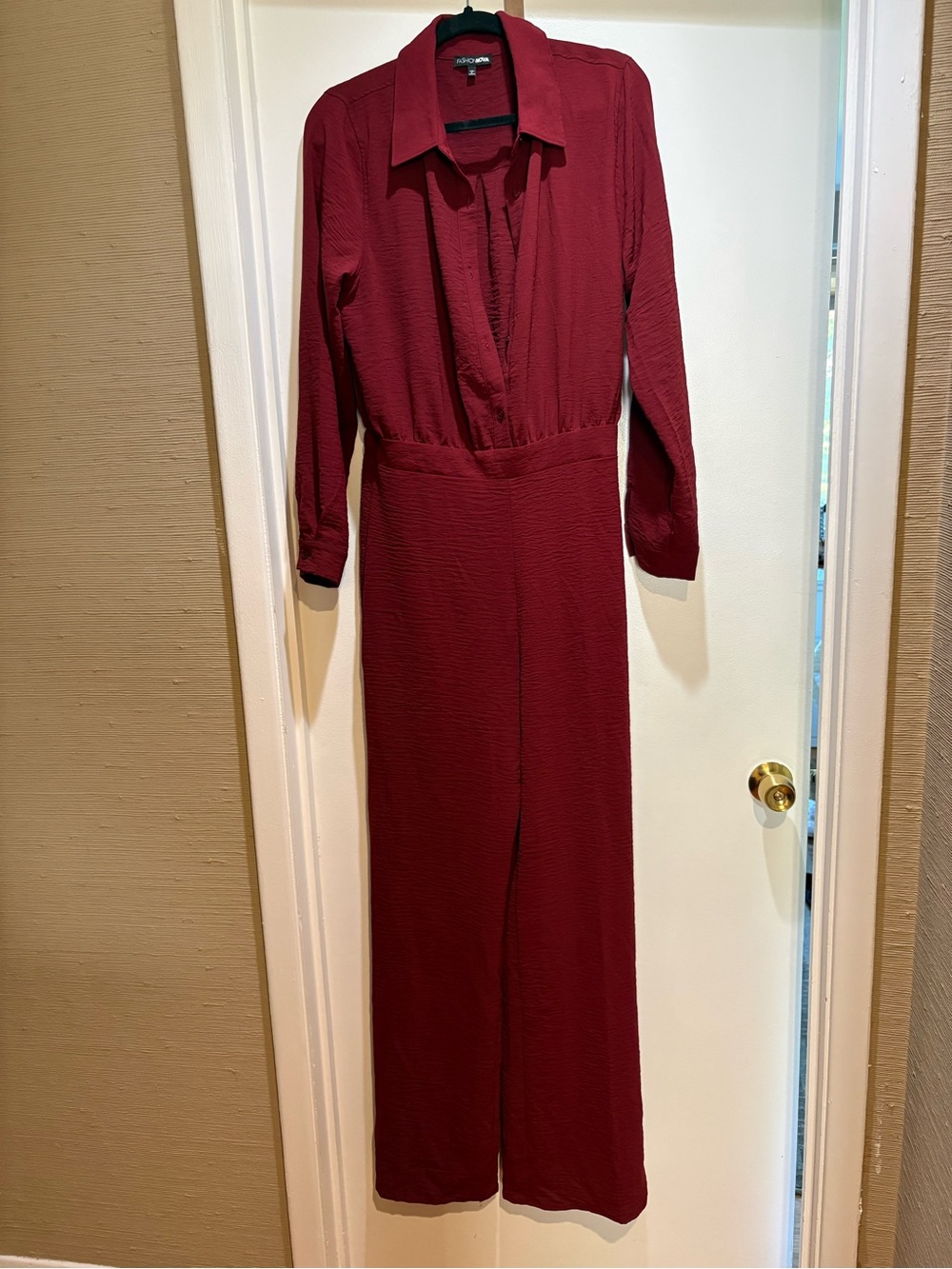 Fashion Nova Burgundy Long Sleeve Jumpsuit